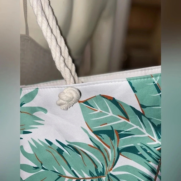 - DONDON LARGE CANVAS GREEN PALM PRINT ZIP BEACH BACH TOTE WITH ROPE HANDLES - Picture 7 of 7